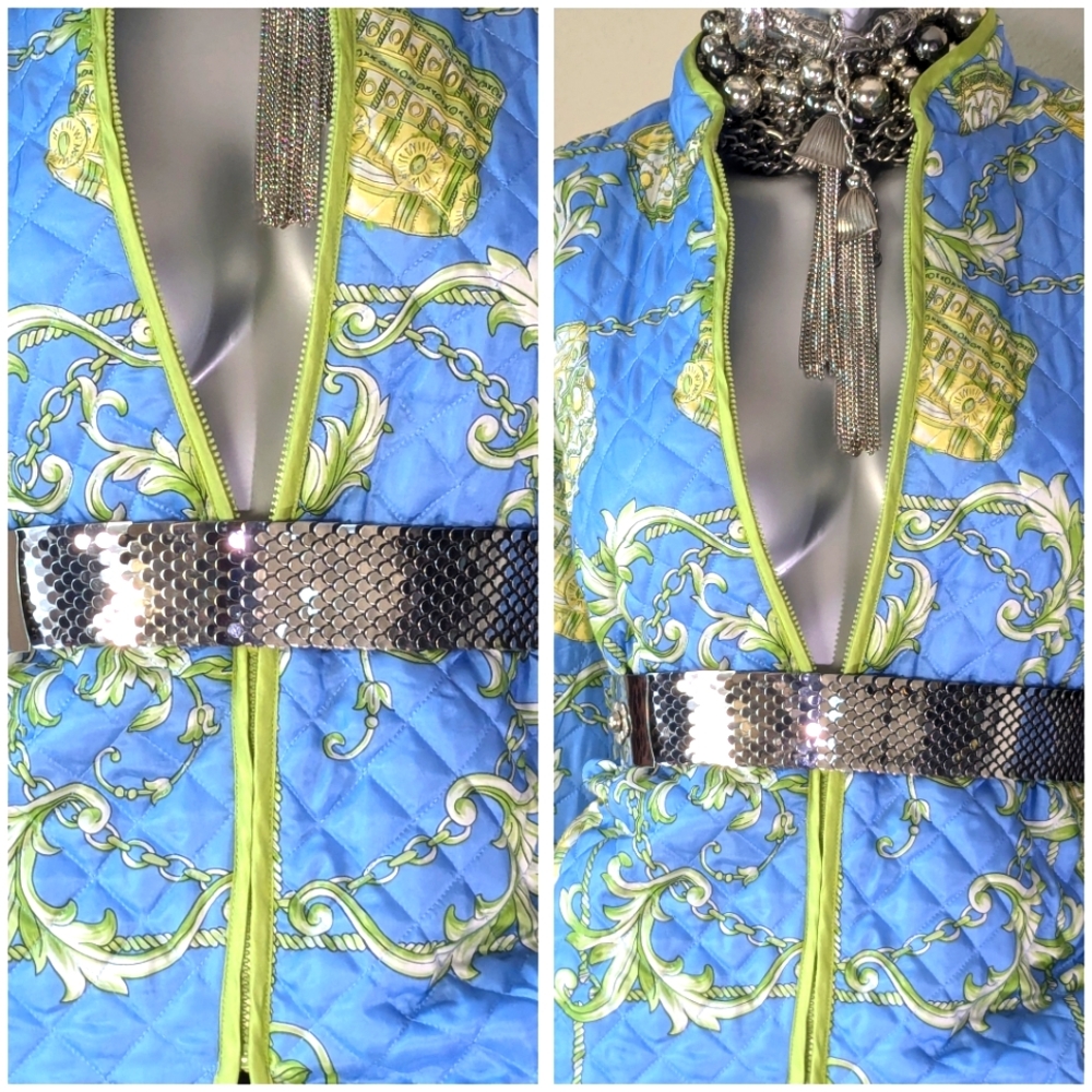 "SILKLAND" 100% Silk Paisley Zip-Up Contrasting Trim Quilted Abstract Jacket